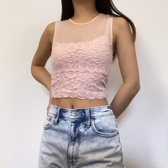 Mesh pink lace tank top - Picture 2 of 3